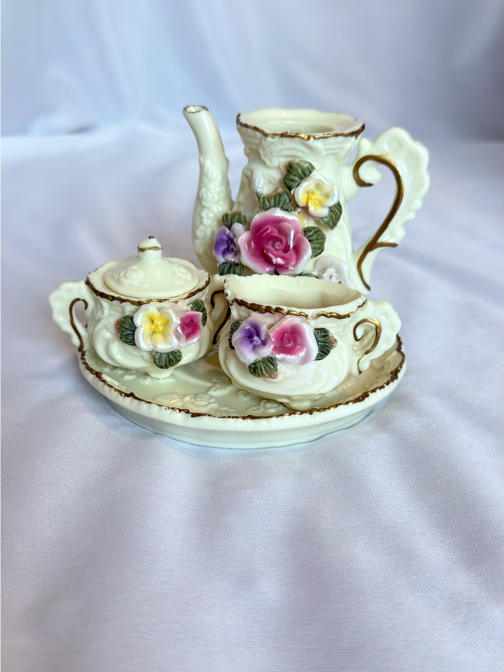 Vintage Floral Ceramic Mini Tea Set - Pink, Purple, Yellow Accents